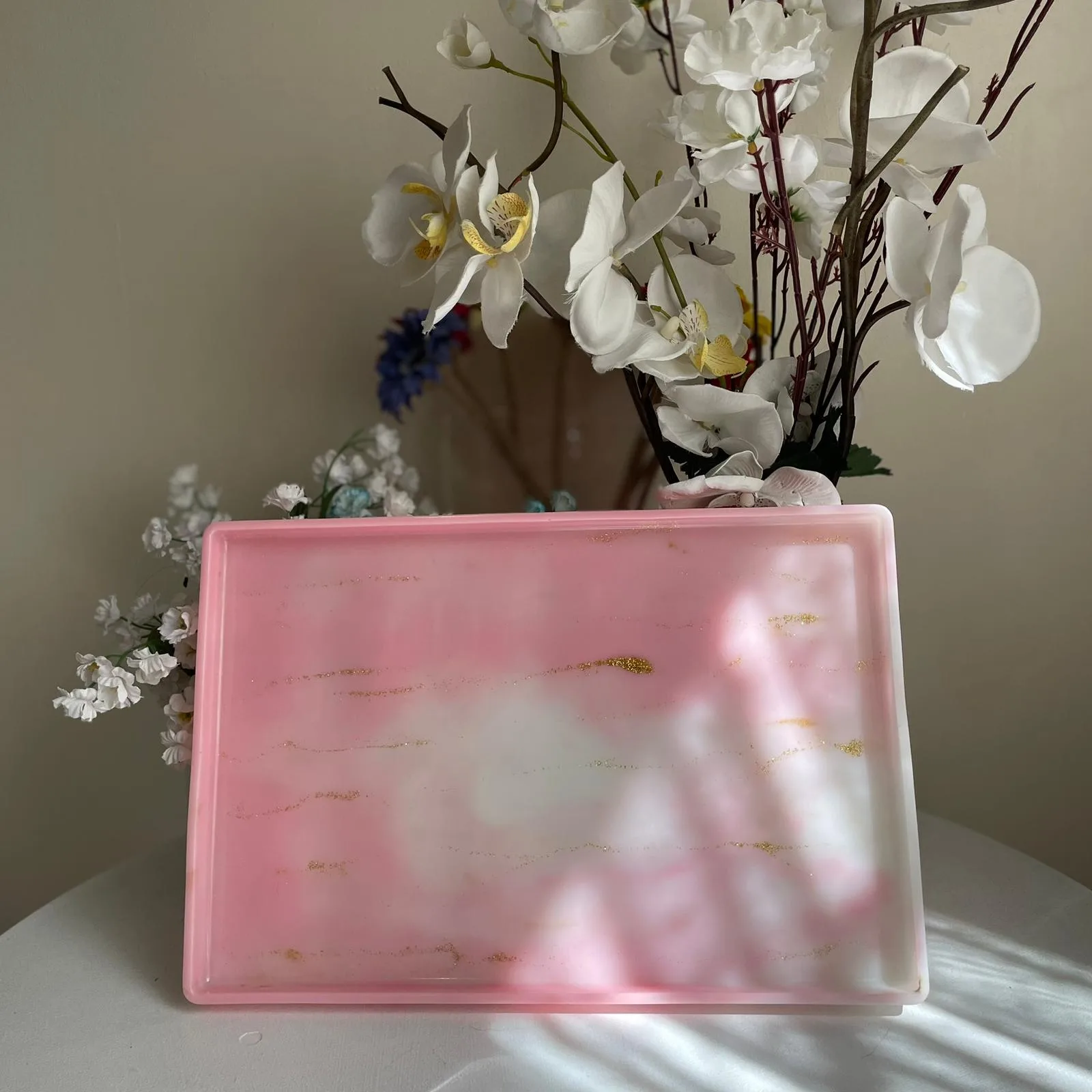 Pembe Simli Dikdörtgen Tepsi - Yen Sanat Epoksi
