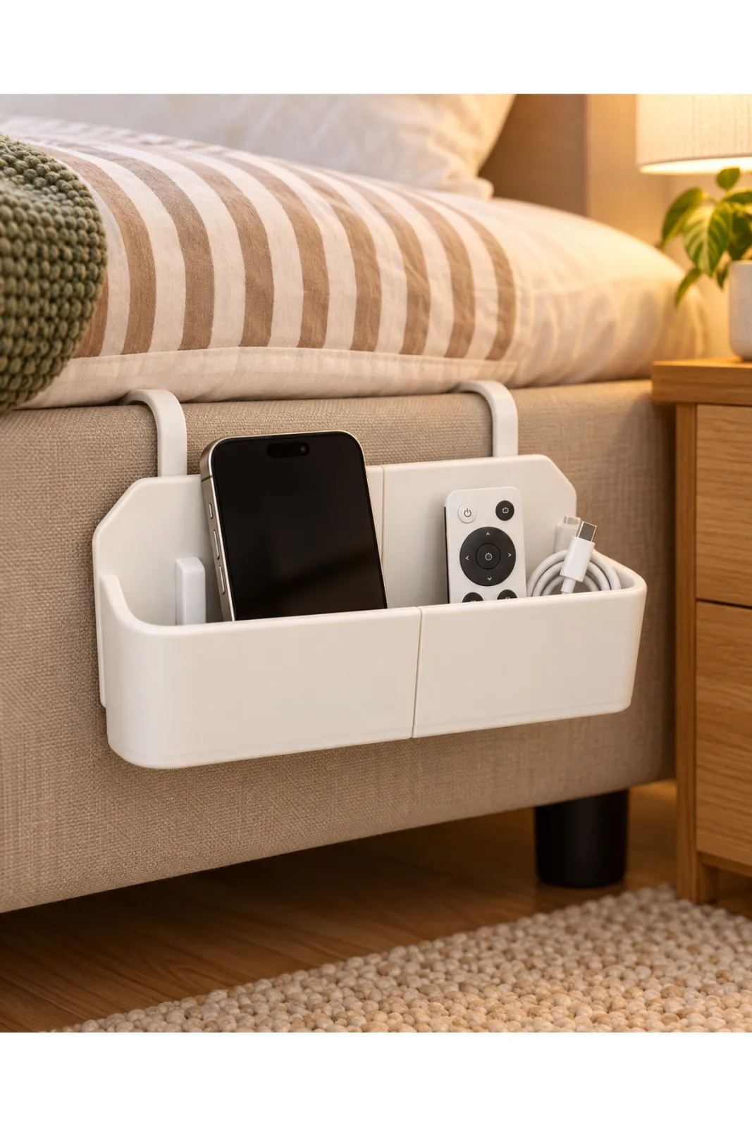 Baza Kenarı Askılı Organizer, Telefon Tablet Kumanda ve Eşya Tutucu, Beyaz - Yen Sanat